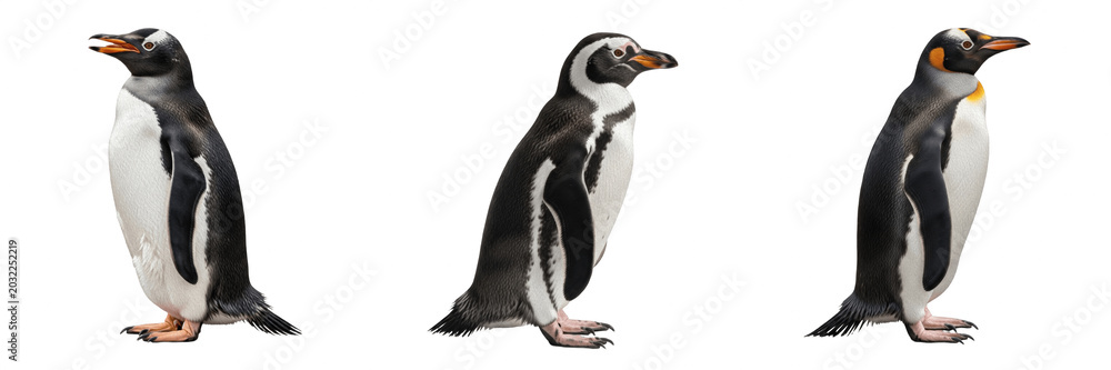Obraz premium Standing Penguin PNG Set, Isolated King and Gentoo Penguins Side View Profile Collection on White Background, Antarctic Winter Wildlife Bird Clipart Bundle for Christmas, Zoo, and Polar Education Desi