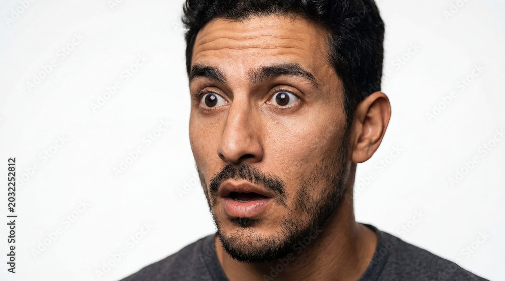 Obraz premium Portrait of a Shocked Middle Eastern Man with Wide Eyes and Open Mouth Expressing Disbelief, Studio Close-up on White Background