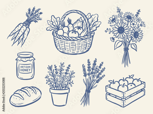 Farmers market doodle vector illustration with carrots vegetable basket flowers honey bread herbs and apples