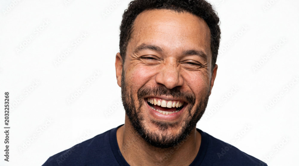 Obraz premium Portrait of a Joyful Mixed-Race Man Laughing Heartily, Close-Up Studio Headshot of a Happy Male with Beard and Curly Hair on a White Background