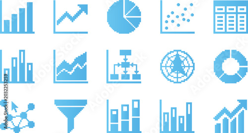 Pixel art business and data analytics icons showing charts, graphs, and diagrams.