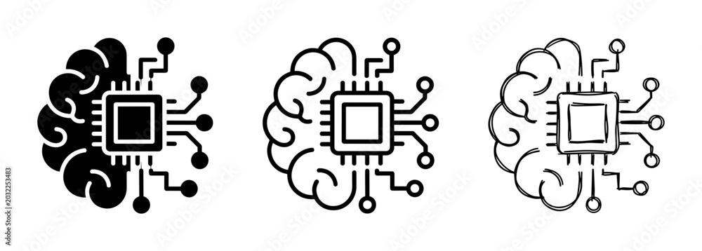 Fototapeta premium Artificial Intelligence Brain Icons, AI Chip Technology Concepts, Neural Network Symbols