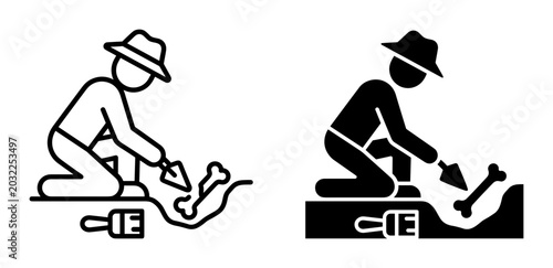 Fotografía Archaeologist Digging Bone Fossil, Excavation Icon Set, Discovery Symbol