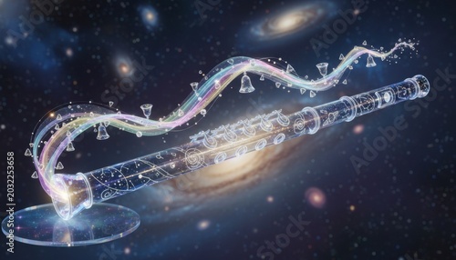 Celestial crystal flute emitting magical music energy in deep space