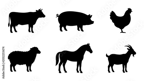 Fotografi 6 Farm Animal silhouette icons cow pig chicken sheep horse goat, solid black sty