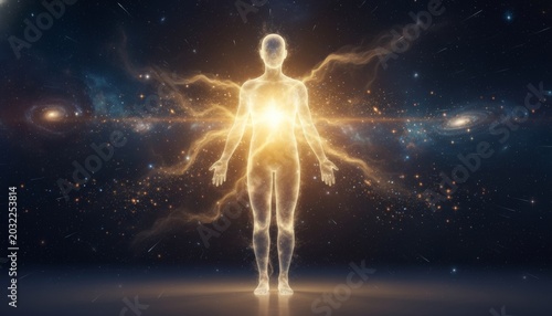 Glowing human figure representing cosmic consciousness and spiritual energy in deep space