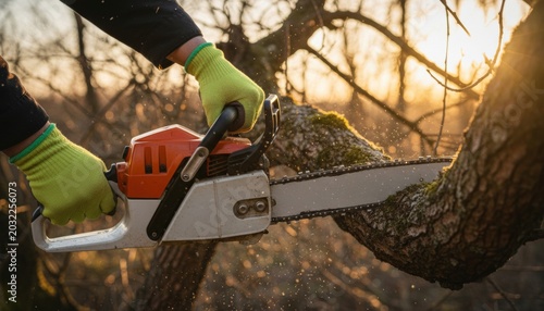 Close-up of person using a chainsaw to cut a tree branch at sunset