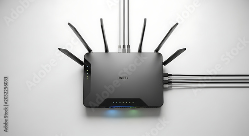 A modern wifi router with multiple antennas and cables connected against a white background wall setup ai generated