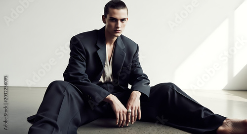 Man in black suit sitting on the floor with bare feet in a studio setting with a white background ai generated