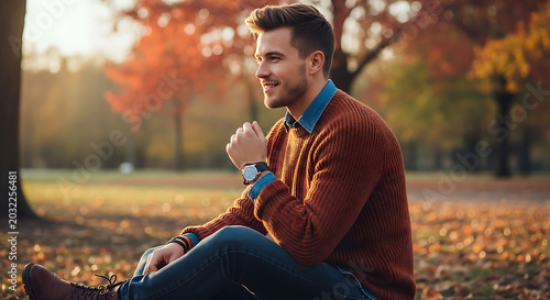 Man sitting on ground in autumn park wearing sweater and jeans with trees in the background looking away ai generated