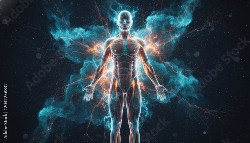 Human body energy and muscular anatomy in cosmic space
