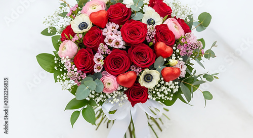 A vibrant bouquet featuring red roses pink ranunculus and white anemones tied with a white ribbon bow ai generated