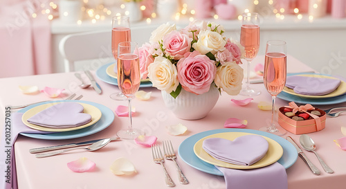Romantic table setting with roses champagne and heart shaped box of chocolates for a special occasion ai generated