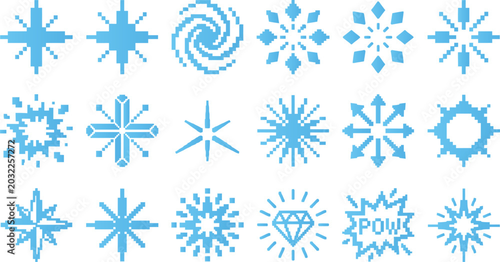 Fototapeta premium Various blue pixel art sparkle icons including diamonds bursts and geometric star shapes.