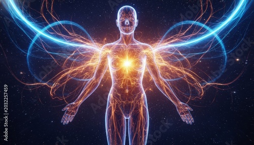 Ethereal human silhouette with radiant energy wings and glowing heart in cosmic space