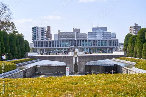 Photography View of the Hiroshima Peace Memorial Museum from the Peace Memorial Park in Hiroshima, Japan