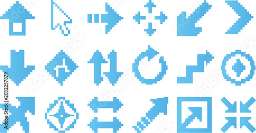 Set of blue pixel art arrows and interface navigation elements for digital screen design.