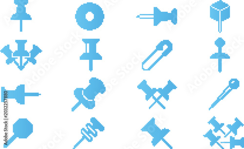 Pushpins and thumbtacks pixel art icons set. Office supplies symbols in flat style.