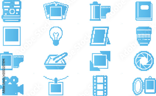 Photography and camera pixel art icons set. Photo equipment symbols in flat style.