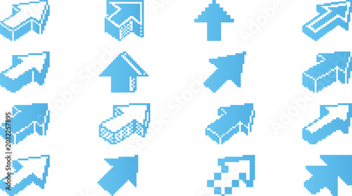 Pixel art arrows in blue, representing direction and navigation on a white background.
