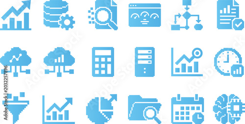 Data and analytics pixel art icons set. Big data analysis symbols in flat style.