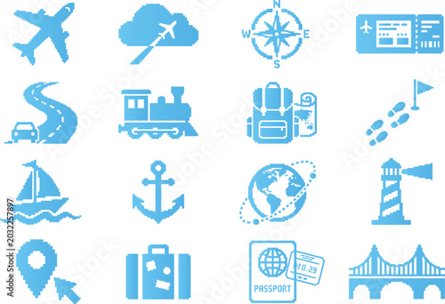 Travel and tourism pixel art icons set. Transportation and journey symbols in flat style.