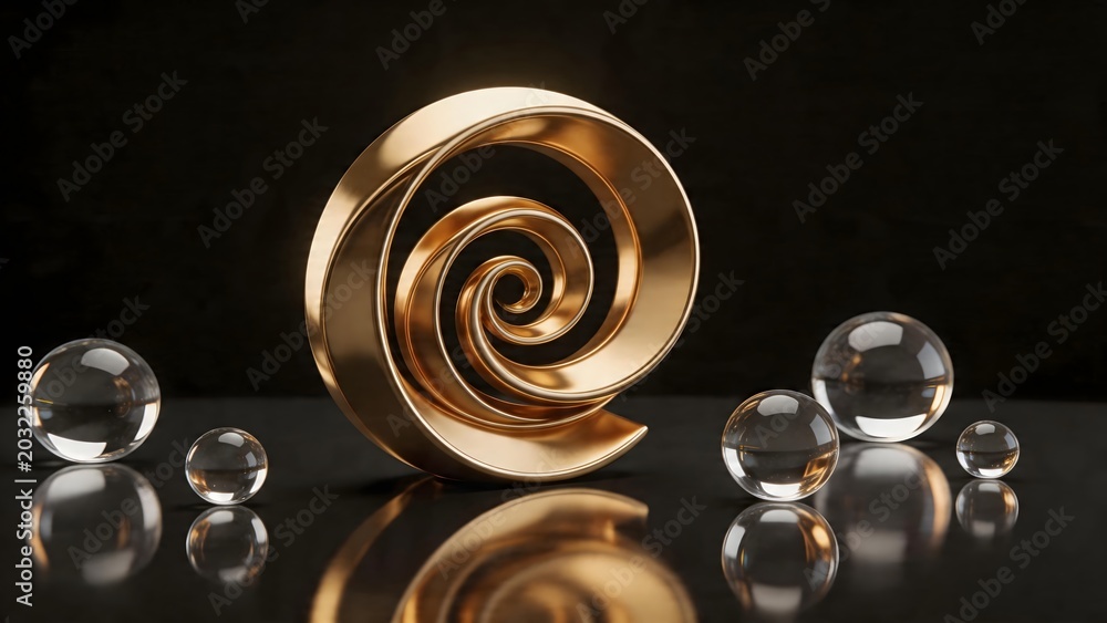 Obraz premium Golden spiral sculpture with glass spheres