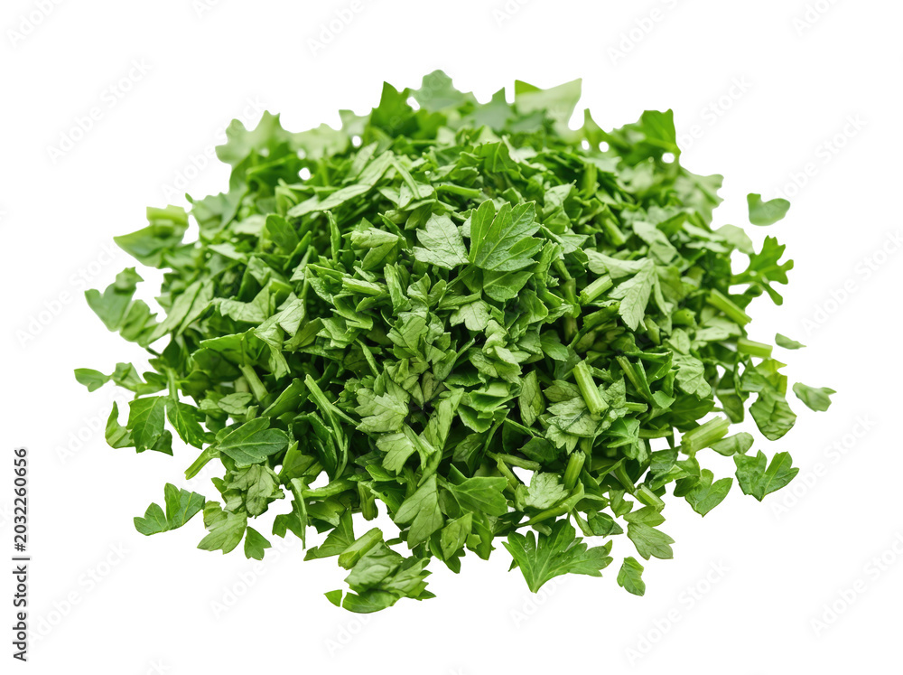 Obraz premium Chopped fresh parsley pile isolated on transparent background, ready for food design, restaurant menus, recipe cards, stickers, print on demand, and culinary clipart use.
