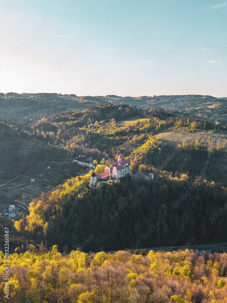 Fototapeta premium Pernstejn castle sits on a hill surrounded by trees. The sun shines over the landscape. Rolling hills and green forests fill the view. The area is peaceful and untouched.