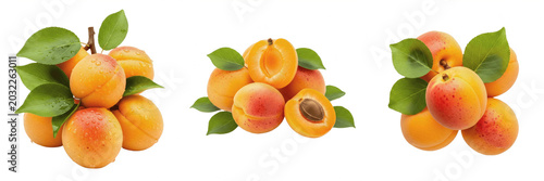 Fresh Ripe Apricots with Green Leaves Isolated on White Background. High-Resolution Professional Fruit Stock Photography for Healthy Eating, Nutrition, Recipe Blogs, Food Marketing, and Creative Graph