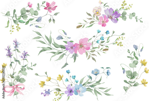 Watercolor Wildflower Clipart Set, Hand-Painted Floral Bouquets and Elements with Meadow Flowers and Greenery, Botanical Collection for Wedding DIY. vector EPS.