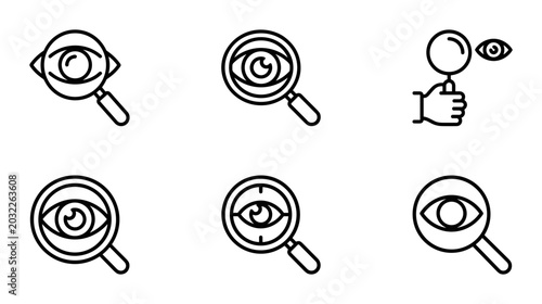 Foto Magnifying Glass Eye Icons, Search and Vision Symbols, Research and Discovery Ve