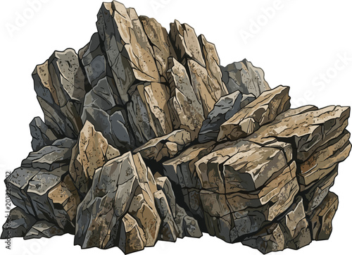 Schilderij op canvas Detailed pile of rough rocky boulders and stones, realistic hand drawn crag vect