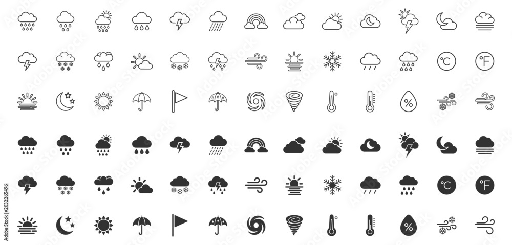 Fototapeta premium weather icons set line and solid style vector illustration for meteorology, climate, forecast applications and websites on transparent background