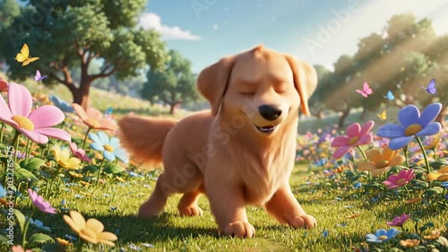 Happy puppy in a meadow with flowers under a bright sunny day