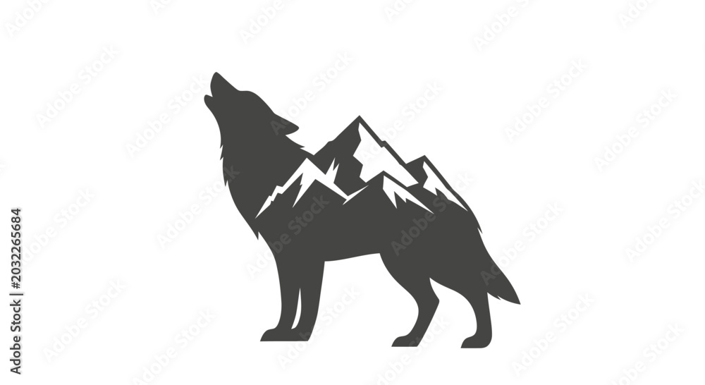 Fototapeta premium Stylized Wolf Howling with Mountain Landscape Silhouette.