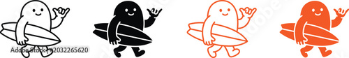 Surfing mascot character design variations line art and solid colors