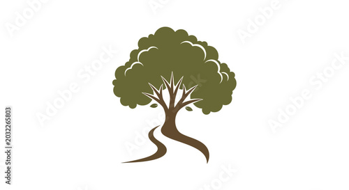 Stylized Green Tree with Winding Roots Logo Design.