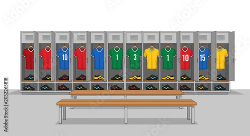 Soccer Team Locker Room with Colorful Jerseys and Equipment.