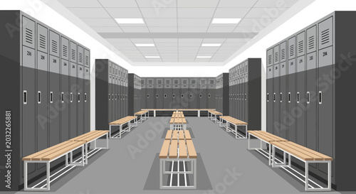 Tableau sur toile Empty modern locker room with rows of lockers and wooden benches.