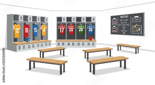 Empty sports locker room with benches and lockers displaying jerseys.