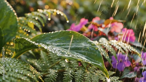 Rain falling on vibrant green leaves and colorful flowers in natural setting