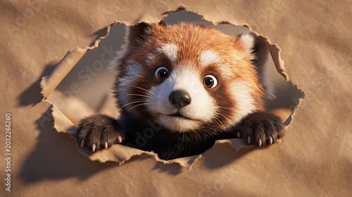 Red panda peeking through torn paper background illustration concept
