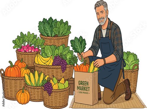 Cuadro en lienzo Smiling mature male farmer packing fresh organic vegetables, and fruits in paper