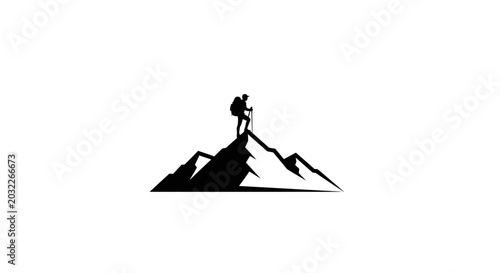 Foto Silhouette of a lone hiker standing triumphantly atop a mountain peak