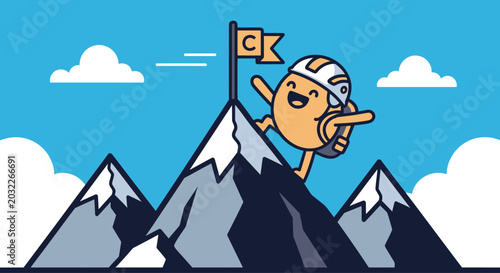 Canvas Print Smiling cartoon character on mountain peak.