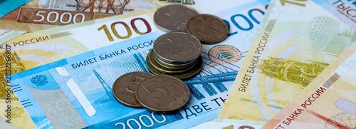 Photography Russian ruble money banknotes and coins on table