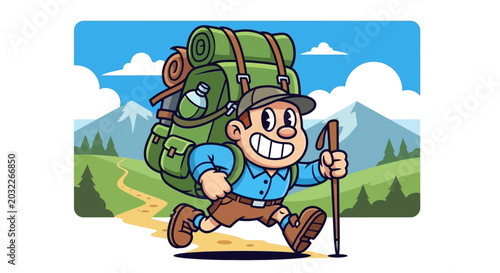 Happy male hiker with large backpack and trekking pole.