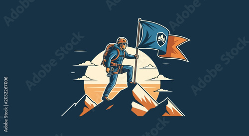 Tableau sur toile Astronaut planting flag on mountain peak at sunset.