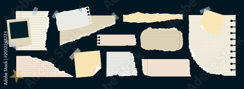 Retro torn paper scraps and notebook pieces collection with sticky tape, grid paper, sticky notes and photo frame. Vintage scrapbook paper elements isolated on dark background for collage, journaling,
